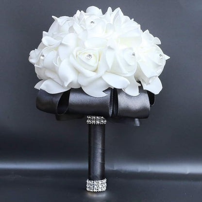 Wedding Bouquet, Black Bouquet for Bride Bridesmaid with Diamond Soft Ribbons, Artificial Rose Bridal Holding Flowers for Party Church