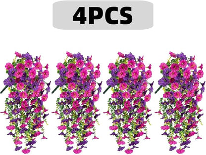 4PCS Artificial Hanging Flowers for Outdoor Decor UV Resistant Fake Morning Glory Realistic Silk Spring Summer Hanging Plants for Porch Patio Balcony Yard (Double Purple)