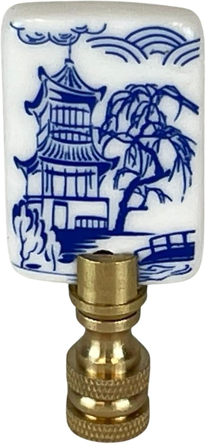 Royal Designs, Inc. Blue & White Porcelain Chinese Garden Design Finial for Lamp Shade, Polished Brass