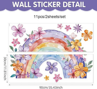 Rainbow Wall Decals & Flower Wall Decals – 2 Sheets Large Wall Stickers for Living Room, Bedroom, Nursery, Kids Playroom – Easy Peel & Stick, Waterproof, Removable Rainbow Christmas Decor