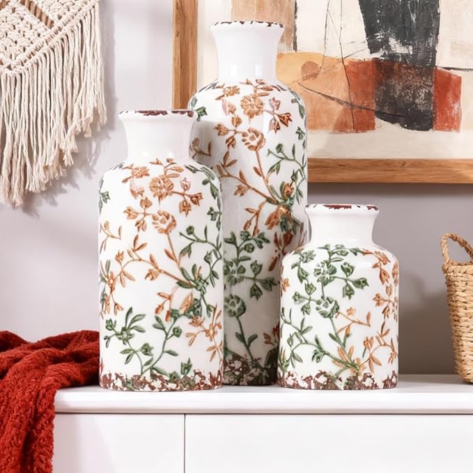 Farmhouse Ceramic Vase Set of 3 – Rustic Floral Pattern Decorative Vases for Home Decor, Vintage Country Style Table Centerpieces for Living Room, Shelf, Mantel & Entryway Decoration