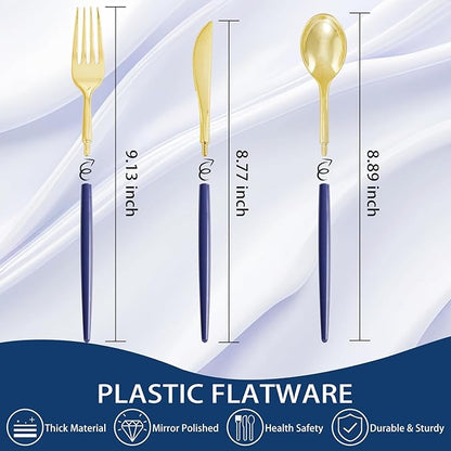 Supernal 102Pcs Dark Blue Plastic Silverware, Gold Plastic Cutlery with Dark Blue Handle, Gold Disposable Utensils Includes 34 Forks, 34 Spoons and 34 Knives for Mother's Day, Wedding, Theme Banquet