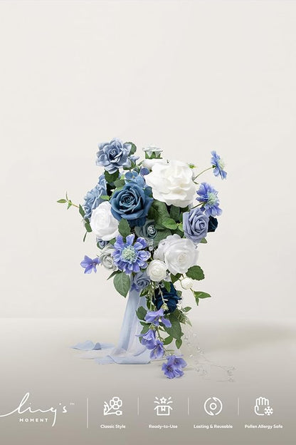 Ling's moment Dusty Blue Bridal Bouquet Cascading, Blue Wedding Bouquets for Bride, 13 Inch Bride Bouquets for Wedding Artificial Flowers Bouquets