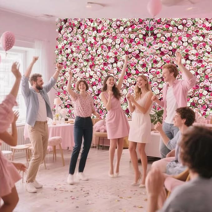 8x8ft(2 pcs of 4ftx8ft) Artificial Silk Fabric Flower Wall Cloth-Based Background 5D Pink Rose Fabric Rolling Up Floral Backdrop for Wedding Baby Shower Party and Home Decor