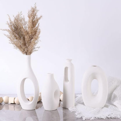 White Ceramic Vase Set of 4 - Round Hollow Boho Vases for Pampas Grass and Flowers Decor, Modern Minimalist Small Vases for Living Room, Bedroom, Fireplace, Coffee Table Decor and Centerpieces