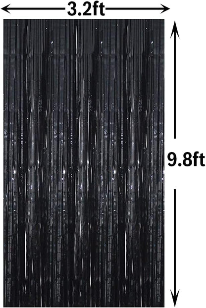 GOER 3.2 ft x 9.8 ft Metallic Tinsel Foil Fringe Curtains Party Photo Backdrop Party Streamers for Halloween,Birthday,Graduation,New Year Eve Decorations Wedding Decor (3 Packs,Black)