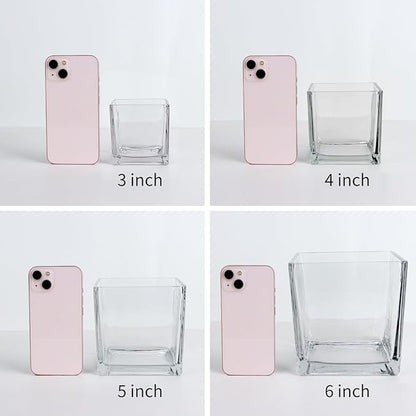 Set of 6 Square Glass Vases 5" x5" x 5", Clear Flower Vases for Centerpieces, Candle Holder for Wedding Party Events, Home Décor