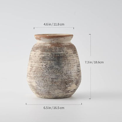 SIDUCAL Ceramic Rustic Vase, Whitewashed Terra Cotta Vase, Distressed Farmhouse Décor, Pottery Decorative Flower for Home Decor, Table, Living Room Decor, Shelf, Mantel, 7.3 Inch, Terra