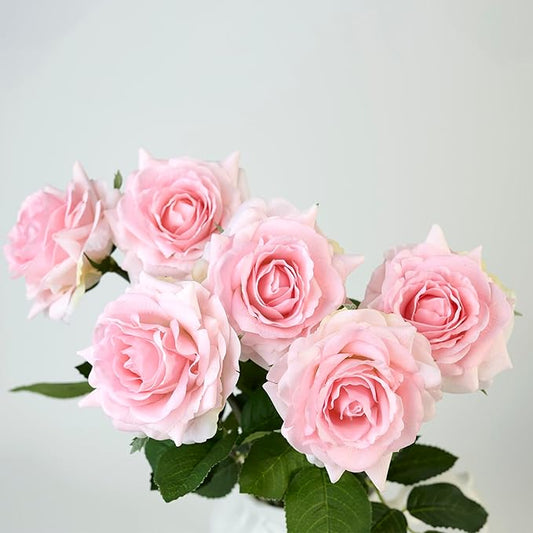 Real Touch Artificial Roses 6pcs, Floyd Roses,17.3”Faux Silk Roses Bouquet for Home Decor, Wedding Centerpieces, Romantic Gifts & Party Arrangements, Fuchsia Realistic Flowers (Light Pink)