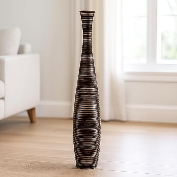 Leewadee Large Brown Home Decor Floor Vase - Wooden 26 inch Tall Farmhouse Decor Flower Holder for Fake Plant and Pampas Grass