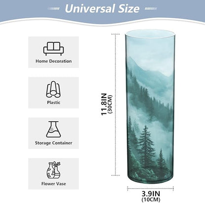 Flower Vase Clear Plastic Cylinder Vases Decor for Centerpieces Home Storage Office Weddings Foggy Green Mountains and Pine Trees 11.8 x 3.9 in