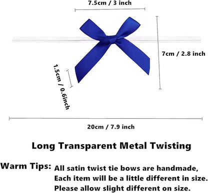 50 PCS 3 Inch Twist Bows for Treat Bags, Satin Twist Tie Bows, Pre Tied Bows with Wire, Ribbon Bows with Twist Ties for Gift Bags, Popcorn Bags, Cookie Bags, Party Favors(Royal Blue)