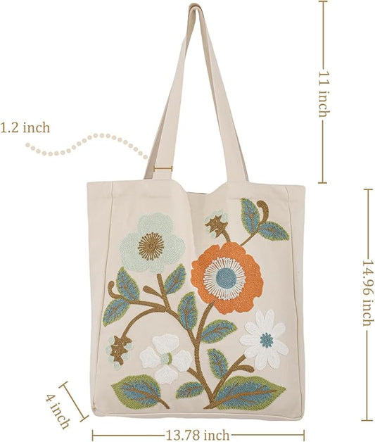 Aesthetic Embroidery Tote Bag for Lady Cute Reusable Canvas Shoulder Bag for Girls Women Shopping Grocery