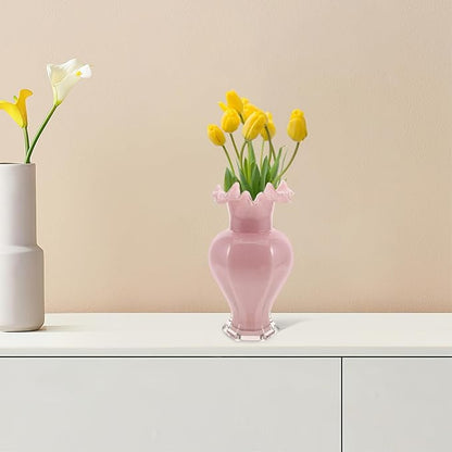 Handblown Glass Flower Vase Pink Pearl Wave Mouth Decorative Floral Arrangement Holder for Home Table Office Wedding Centerpiece Modern Artistic Accent