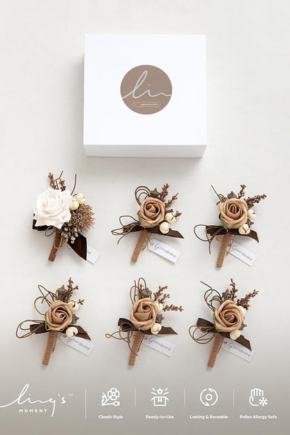 Ling's moment Boutonniere for Men, 6pcs Groom Groomsmen Boutonniere, Artificial Flowers for Wedding Decor/Prom/Homecoming, etc.Sand Beige White