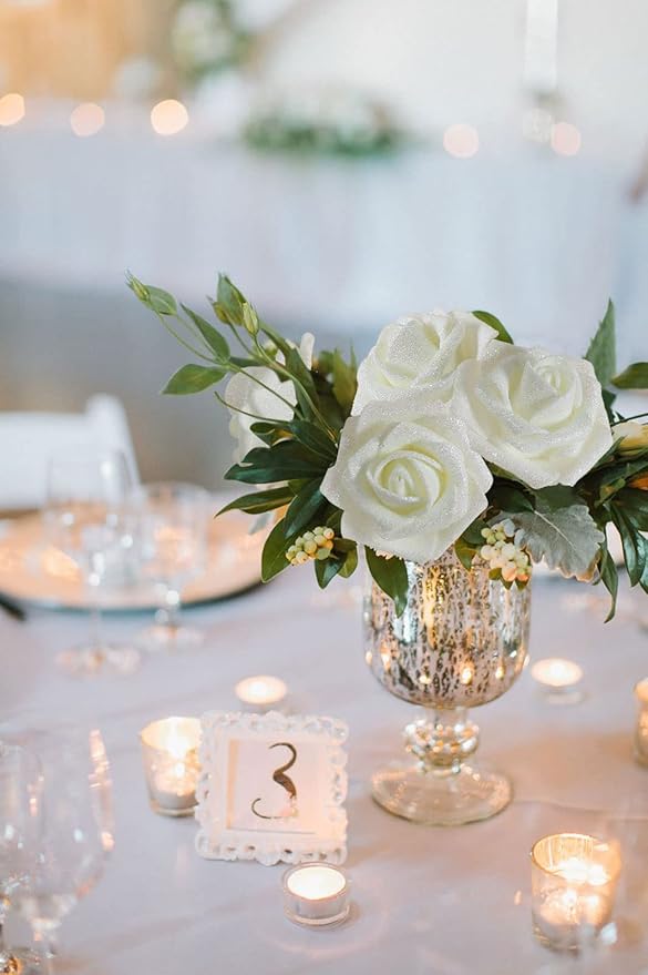 30 pcs Glitter Roses Ivory Artificial Foam Rose Artificial Glitter Flowers with Stem, Foam Glitter Rose for Wedding Party Office Baby Shower Home Decoration(Ivory