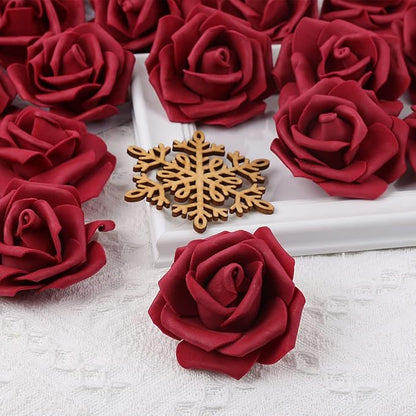 IPOPU Artificial Rose Flower Heads, 100 Pcs Real Looking Burgundy Foam Fake Roses for DIY Wedding Baby Shower Centerpieces Arrangements Party Tables Home Decorations (Wine red, Stemless)