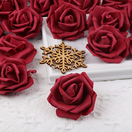 IPOPU Artificial Rose Flower Heads, 100 Pcs Real Looking Burgundy Foam Fake Roses for DIY Wedding Baby Shower Centerpieces Arrangements Party Tables Home Decorations (Wine red, Stemless)
