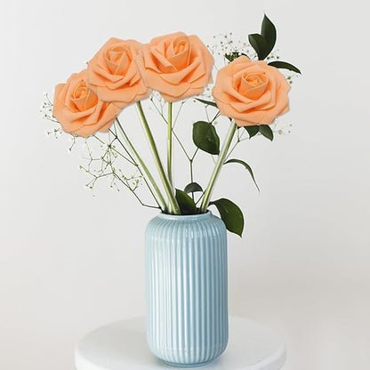 100PCS Orange Artificial Flowers Roses Real Looking Foam Fake Roses with Leaves and for DIY Wedding Bouquets Bridal Shower Centerpieces Party Decorations (Orange, 100)
