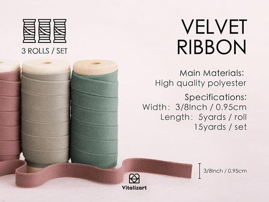 Vitalizart Velvet Ribbon Red Green Set 3/8" x 15 Yd Wooden Spool Fabric Trim 3 Rolls * 5 Yd for Christmas Wreath Decoration Handmade Craft Ornaments Gift Wrapping & Bow Making