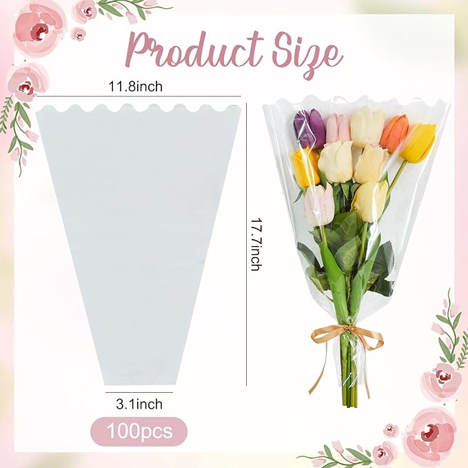 BEISHIDA 100 PCS Clear Flower Bouquet Bags Cellophane Flower Sleeves Plastic Wrapping Bags for Florist Bouquet Supplies Mother's Day Valentine's Day (Transparent,18 x 12 inch)