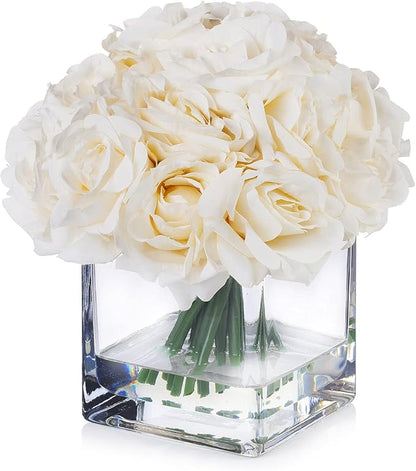 ENOVA FLORAL 18 Pieces Rose Artificial Flowers in Vase, Artificial Flowers Arrangements in Vase with Faux Water for Dining Table Decoration, Home Decor Indoor(Cream)