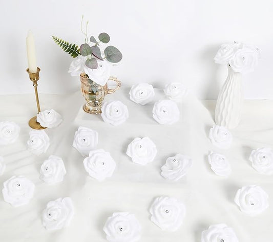 IPOPU 100PCS White Rose Artificial Flower Heads, 3in Real Looking Stemless Foam Roses Fake Flowers Bulk with Crystal for DIY Craft Wedding Bouquets Arrangements Party Home Decorations(White)