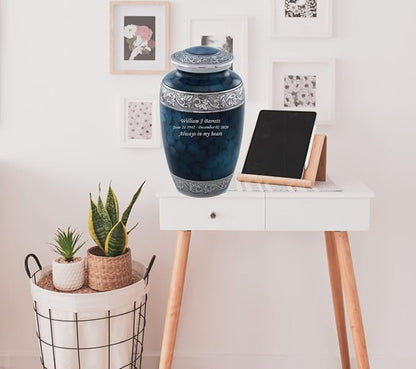 MEMORIALS 4U Custom Engraved Cremation Urn - Handcrafted Urn for Human Ashes - Affordable Urn for Ashes with Velvet Bag (Classic Cloud Blue)