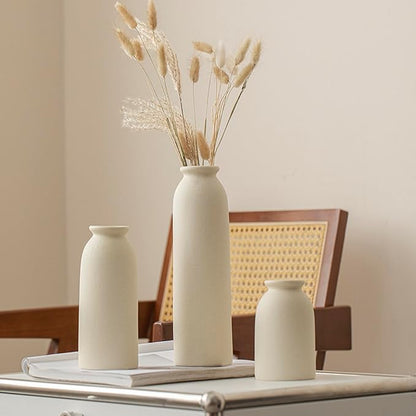 10.4 inches Tall Decorative Ceramic Vase Set, 3 Pieces, Nordic Modern Boho Style, White, for Home Decor (Beige)