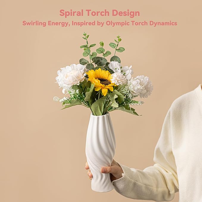 White Ceramic Torch Vase with Spiral Design - 8.8" Unique Flower Vase for Pampas Grass & Centerpieces, Decorative Boho/Farmhouse Vase for Living Room, Office Desk & Gift for Her/Yourself