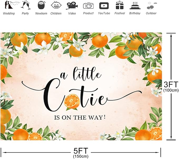 Aperturee 5x3ft Little Cutie Baby Shower Backdrop Tangerine Citrus Organge Flowers Floral a Little Cutie is on The Way Photography Background Pink Party Decoration Banner Supplies Photo Booth Studio