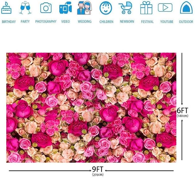 Ticuenicoa 9x6ft Pink Red Rose Flowers Photography Backdrop Valentine's Day Photo Background Baby Shower Wedding Birthday Decoration Bridal Shower Wedding Blossoms Roses Wall Art Photo Booth Props