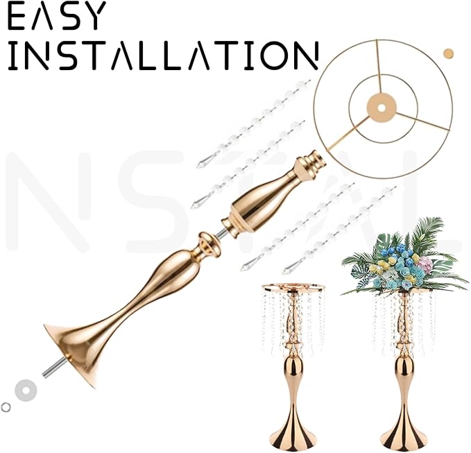 6 Pcs 21.3 Inch Tall Crystal Metal Flower Stand Wedding Lead Vases for Table Centerpieces and Reception Flower Arrangement Holders