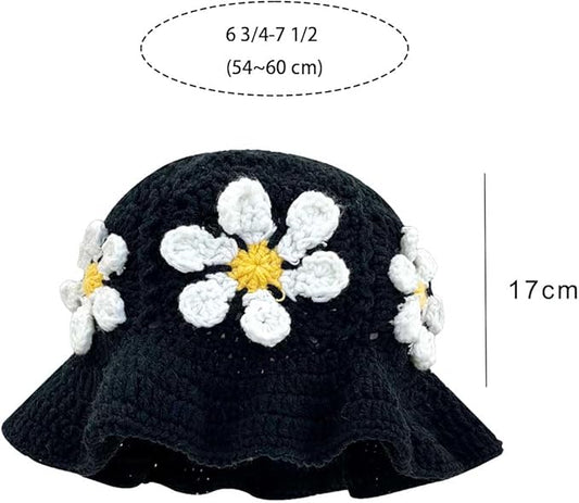 Crochet Bucket Hat for Women Flower Knit Hat Hollow Out Foldable Cap Hats