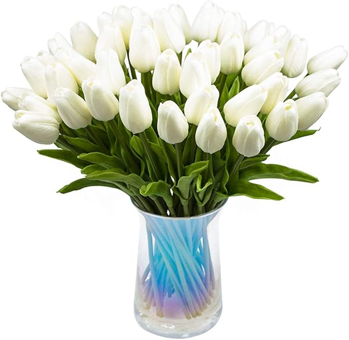 30pcs Artificial Tulips Flowers Real Touch Tulips Fake Holland PU Tulip Bouquet Latex Flower White Tulip for Wedding Party Office Home Kitchen Decoration (Pure White)
