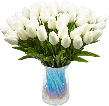 30pcs Artificial Tulips Flowers Real Touch Tulips Fake Holland PU Tulip Bouquet Latex Flower White Tulip for Wedding Party Office Home Kitchen Decoration (Pure White)