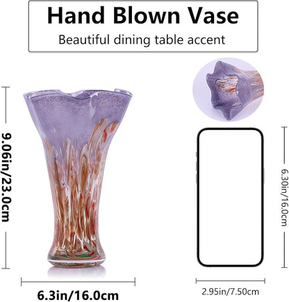 9.0" H Red Glass Vases for Flowers, Hand Blow Glass Vase Red Home Decor, Wide Mouth Blue Flower Vase Centerpieces, for Bookshelf,Dinner Table,Indoor Office Desktop,Meeting Room,Bathroom,Countertop