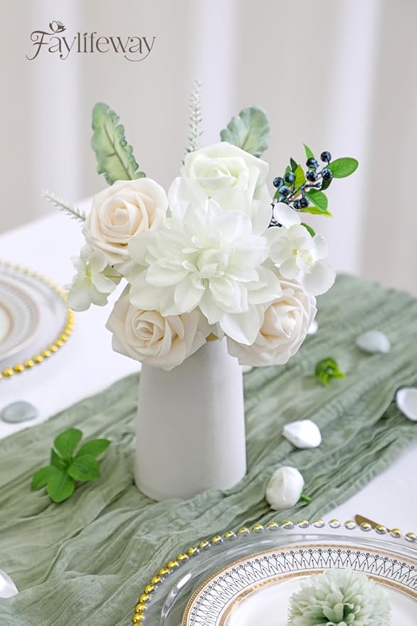 Artificial Flowers, 2PCS White Silk Flowers with Stems for DIY Wedding Bridal Bouquets Baby Shower Floral Arrangement Table Centerpieces Home Decoration