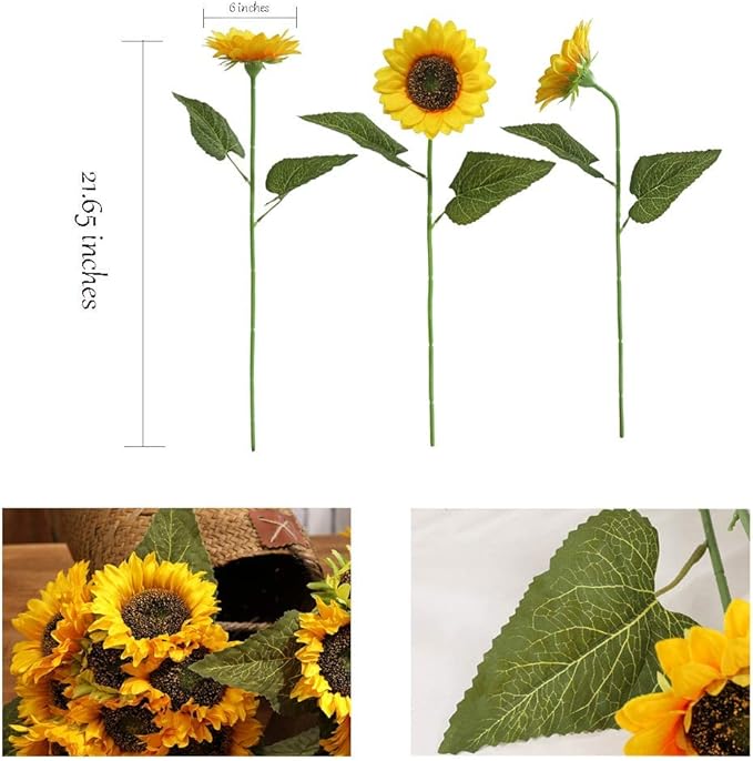 Laelfe Artificial Sunflower Flowers Long Stem Silk Fake Large Sunflowers Decoration for Outdoor Home Wedding Baby Shower Birthday Party Single Bulk Yellow Decor 6PCS (Dark Center)
