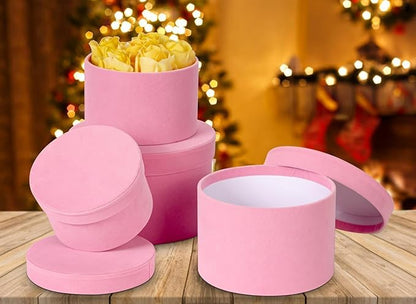 Round Gift Boxes with Lids for Presents Set of 4 Pink Velvet Nesting Gifts Box for Arrangements Flowers Wedding Birthday Valentines Bridesmaid Christmas Party Anniversary