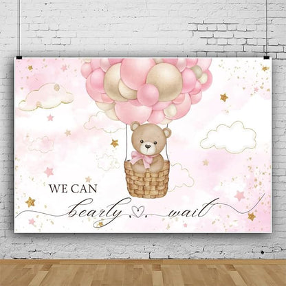 ChloropLastid We Can Bearly Wait Baby Backdrop 12x10ft Girl Bear Hot Air Balloon Baby Shower Photography Background Pink Balloons Clouds Stars Baby Party Cake Photo Decoration