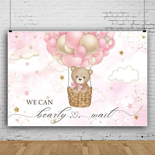 ChloropLastid We Can Bearly Wait Baby Backdrop Girl Bear Hot Air Balloon Baby Shower Photography Background Pink Balloons Clouds Stars Baby Party Cake Photo Decoration 12x8ft