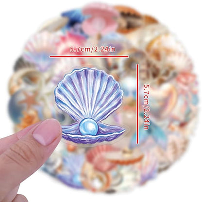 60 Pcs Holographic Seashell Stickers, Iridescent Conch Shell & Starfish Vinyl Decals, Waterproof Glittering Aesthetic Stickers for Scrapbooking, Journaling, Water Bottle, Laptop, Phone Case Decor