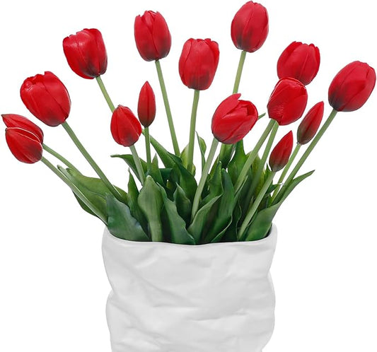 15 Pcs Red Artificial Flowers Tulips Real Touch Latex Plastic Soft Faux Bouquets for Party, Wedding, Home, Room, Garden Decor
