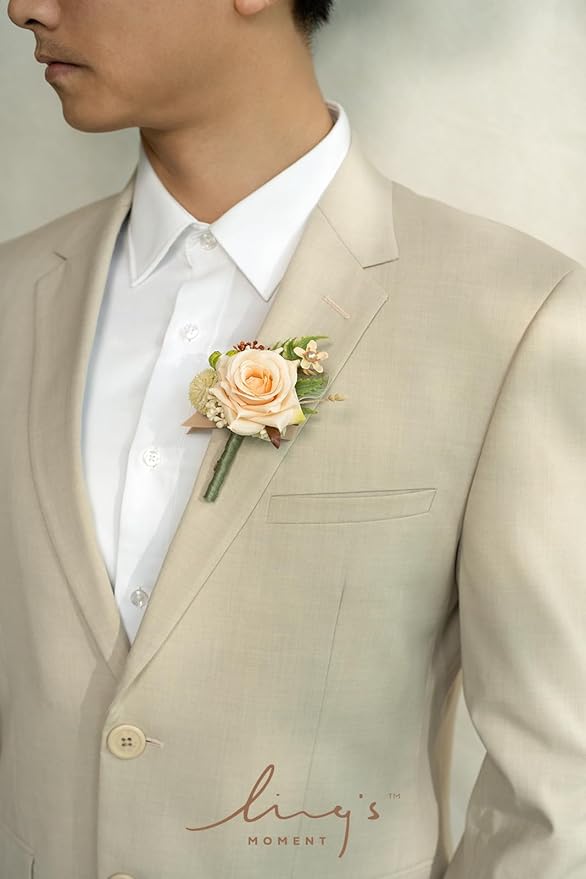 Ling's moment Boutonniere for Men, 6pcs Groom Groomsmen Boutonniere, Artificial Flowers for Wedding Decor/Prom/Homecoming, etc.Yellow Apricot Peach