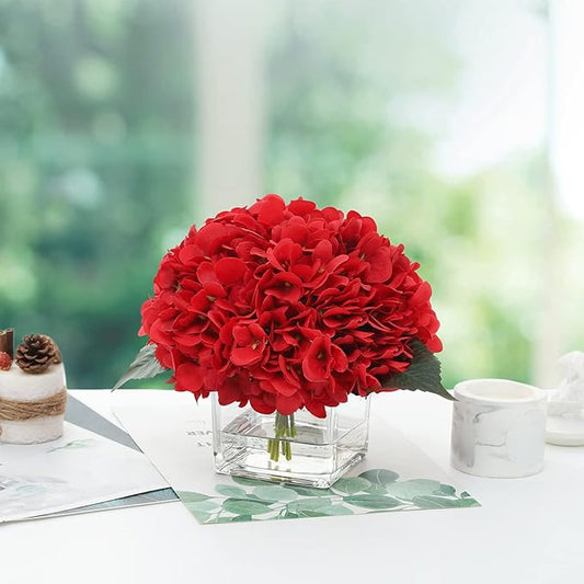 Silk Red Hydrangea Artificial Flowers in Vase with Faux Water, Faux Floral Arrangements in Vase for Home Decor, Wedding Table (Red)
