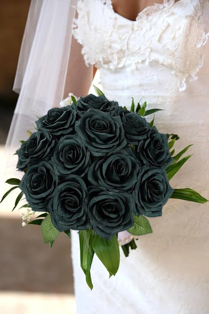 12pcs Artificial Rose Flower Dark Green Rose Emerald Green Flower with Long Stem Silk Roses Bouquet for Wedding Bridal Shower Party Home Decoration