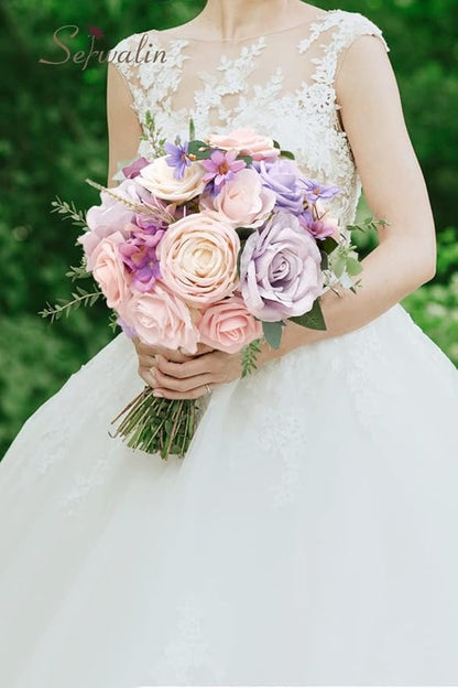 Serwalin 2Pcs Artificial Flowers Fake Silk Flowers Combo Realistic Mixed Roses Box for DIY Wedding Bridal Bouquets Centerpieces Arrangements Faux Flowers with Stems Home Decor, Pink&Lilac