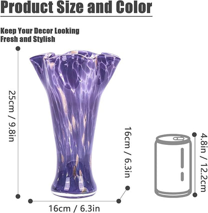 9.8" Tall Purple Hand Blown Glass Vases for Home Decor,Modern Wide Mouth Ruffle Flower Vase Table Centerpieces,Colored Coastal Sea Glass Art for Bookshelf,Bathroom,Counterto,Wedding