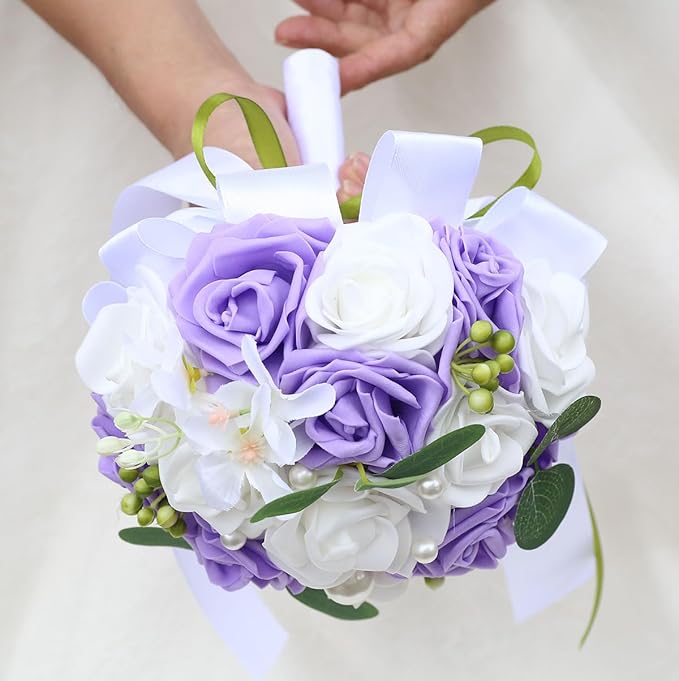 Lightweight Bridal Wedding Bouquet Round Holding Bouquet Throw Toss Artificial Rose Flower Bunch for Bride Bridesmaid Wedding Quinceanera (White & Mid Purple, 6.7")